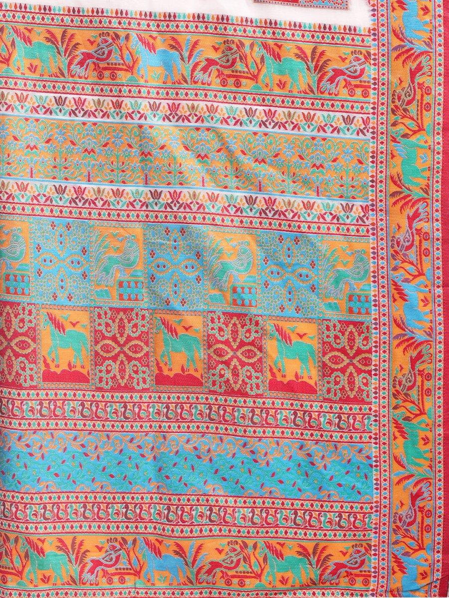 Cream & Navy Blue Banarasi Silk Saree With Blouse Piece - EZBER