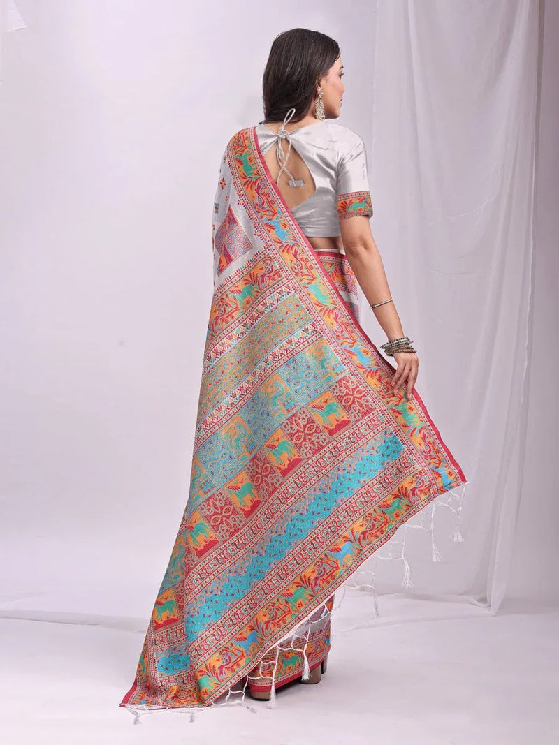 Cream & Navy Blue Banarasi Silk Saree With Blouse Piece - EZBER