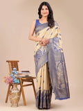 Cream & Navy Blue Banarasi Silk Saree With Blouse Piece - EZBER