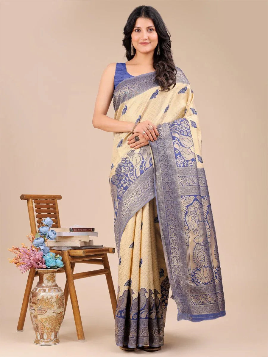 Cream & Navy Blue Banarasi Silk Saree With Blouse Piece - EZBER