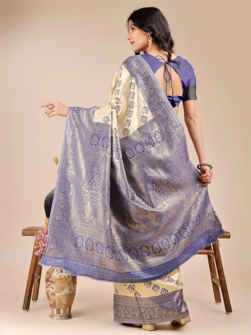 Cream & Navy Blue Banarasi Silk Saree With Blouse Piece - EZBER