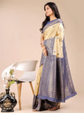 Cream & Navy Blue Banarasi Silk Saree With Blouse Piece - EZBER
