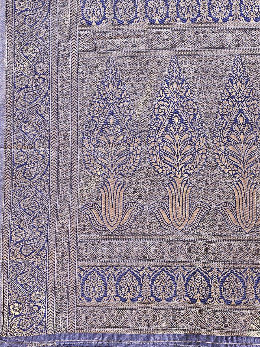 Cream & Navy Blue Banarasi Silk Saree With Blouse Piece - EZBER