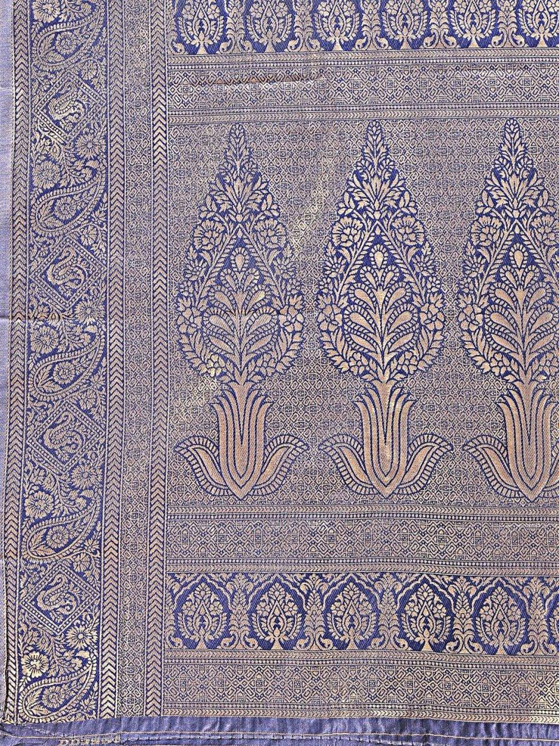 Cream & Navy Blue Banarasi Silk Saree With Blouse Piece - EZBER