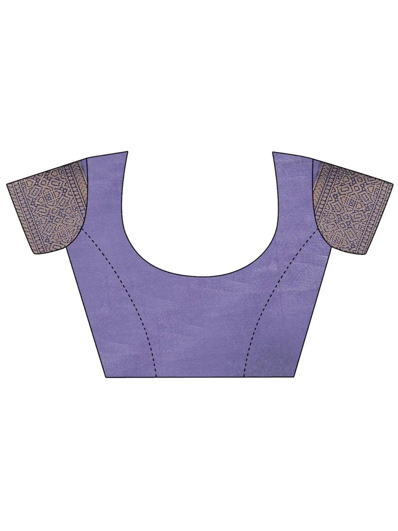 Cream & Navy Blue Banarasi Silk Saree With Blouse Piece - EZBER