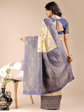 Cream & Navy Blue Banarasi Silk Saree With Blouse Piece - EZBER