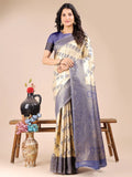 Cream & Navy Blue Banarasi Silk Saree With Blouse Piece - EZBER