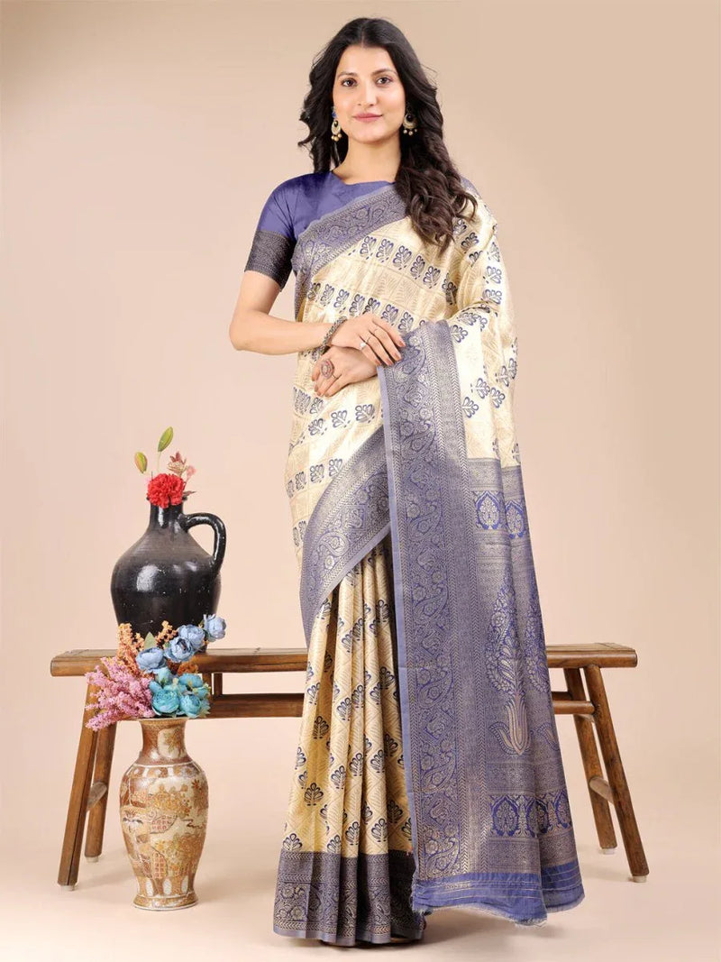 Cream & Navy Blue Banarasi Silk Saree With Blouse Piece - EZBER