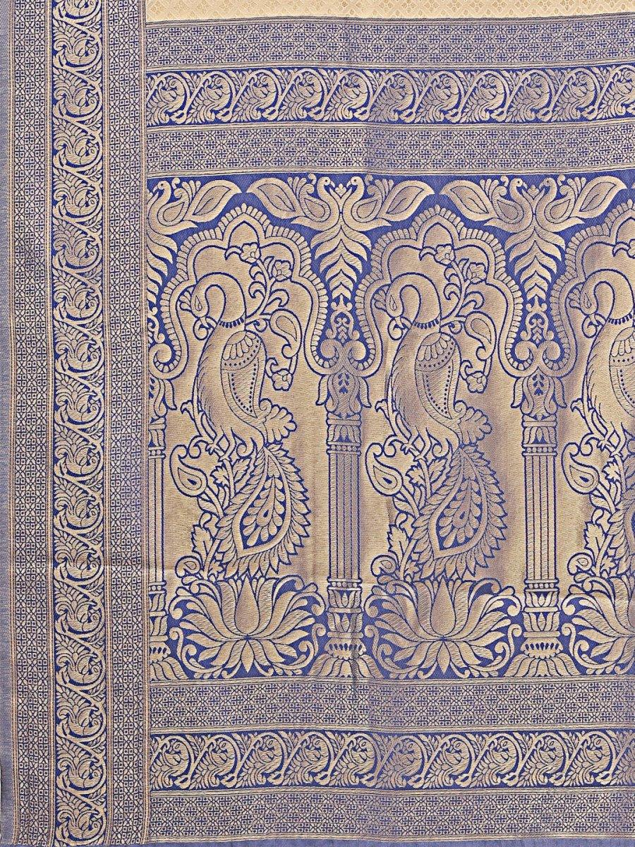 Cream & Navy Blue Banarasi Silk Saree With Blouse Piece - EZBER