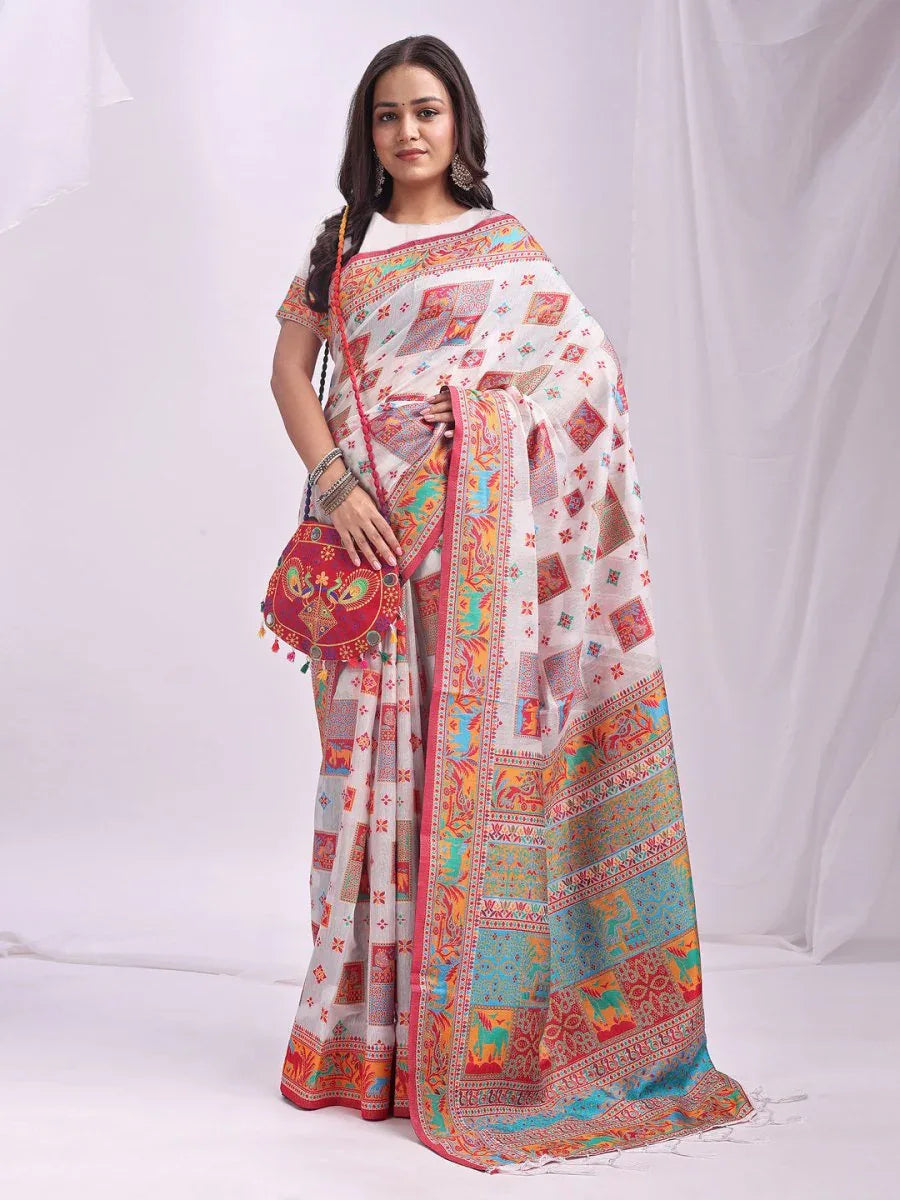 Cream & Navy Blue Banarasi Silk Saree With Blouse Piece - EZBER