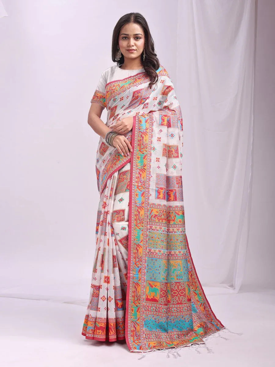 Cream & Navy Blue Banarasi Silk Saree With Blouse Piece - EZBER