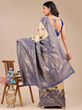 Cream & Navy Blue Banarasi Silk Saree With Blouse Piece - EZBER