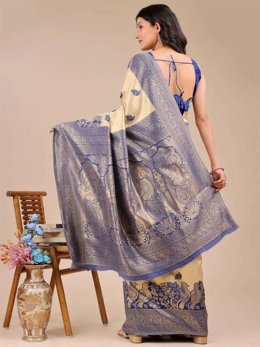 Cream & Navy Blue Banarasi Silk Saree With Blouse Piece - EZBER