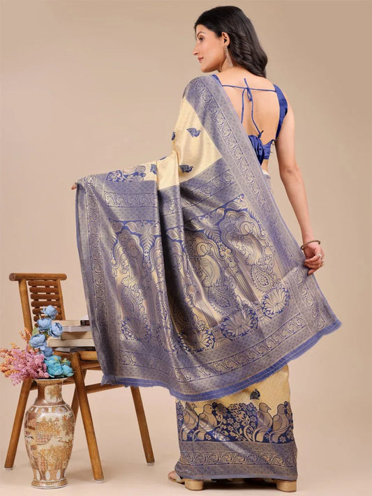 Cream & Navy Blue Banarasi Silk Saree With Blouse Piece - EZBER