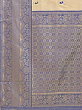 Cream & Navy Blue Banarasi Silk Saree With Blouse Piece - EZBER