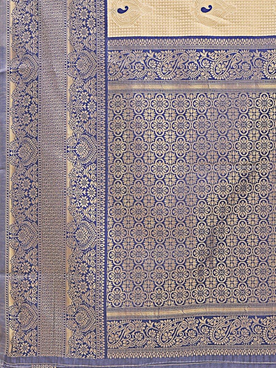 Cream & Navy Blue Banarasi Silk Saree With Blouse Piece - EZBER