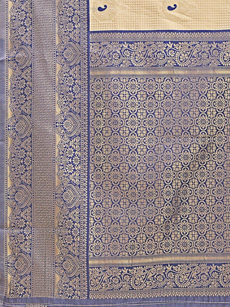 Cream & Navy Blue Banarasi Silk Saree With Blouse Piece - EZBER