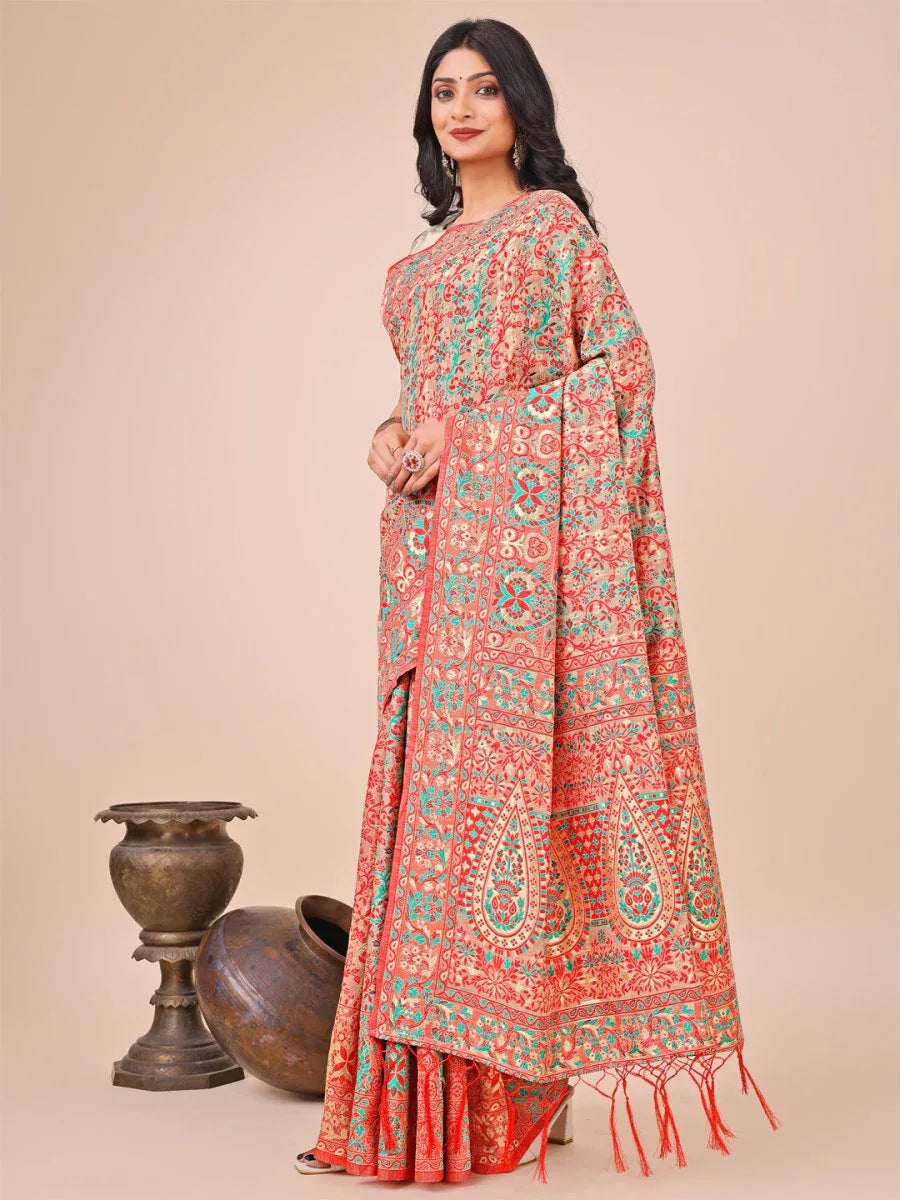 Cream Pashmina Cotton Saree With Blouse Piece - EZBER