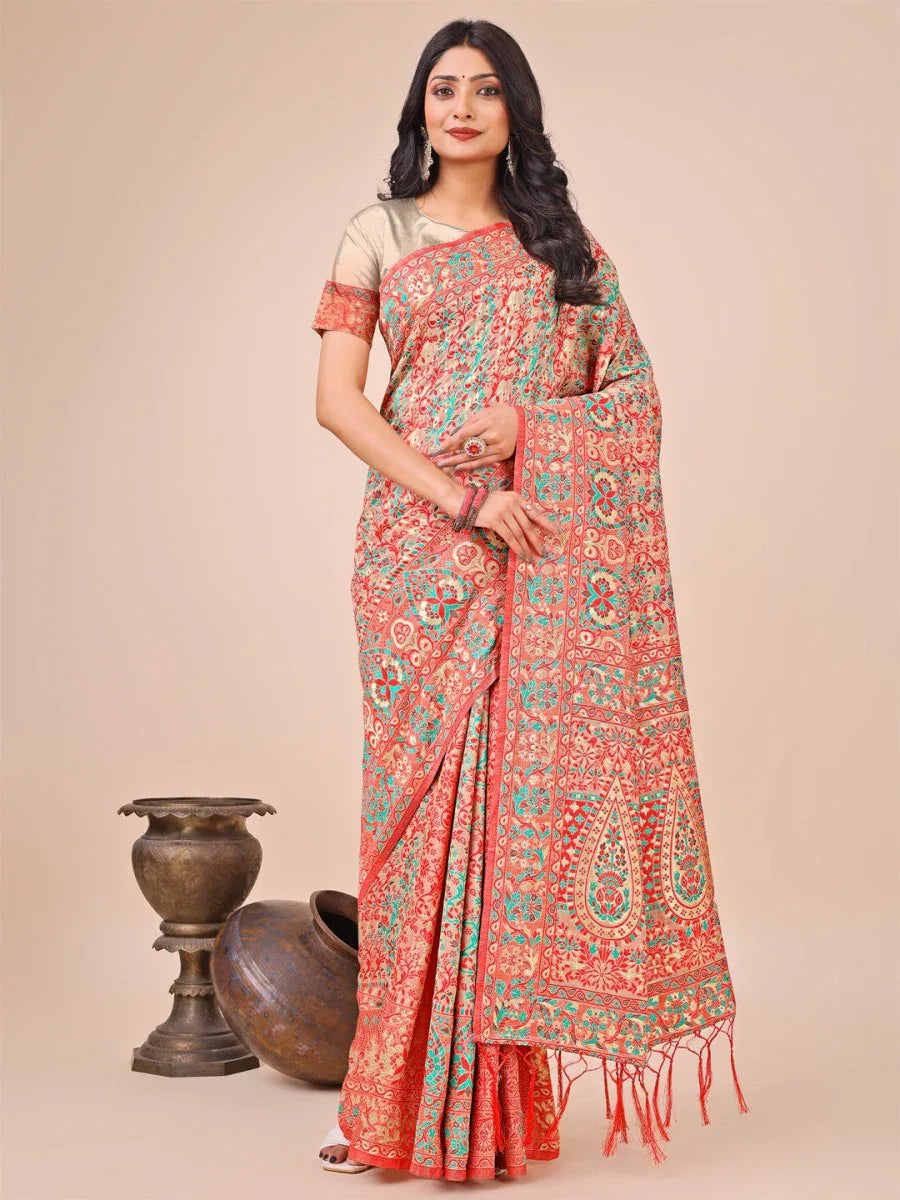 Cream Pashmina Cotton Saree With Blouse Piece - EZBER
