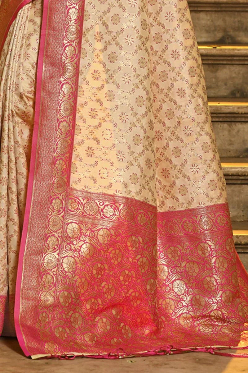 Cream & Pink Banarasi Silk Saree With Blouse Piece - EZBER