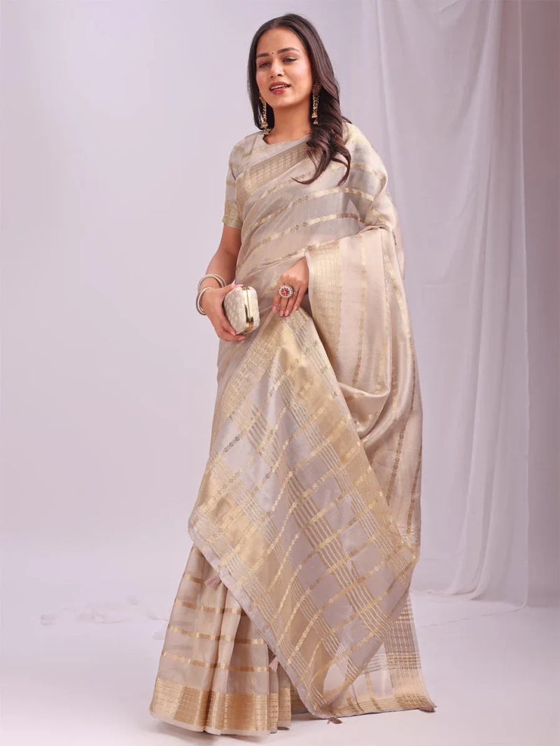 Cream PORTO Organza Saree with Blouse Piece - EZBER