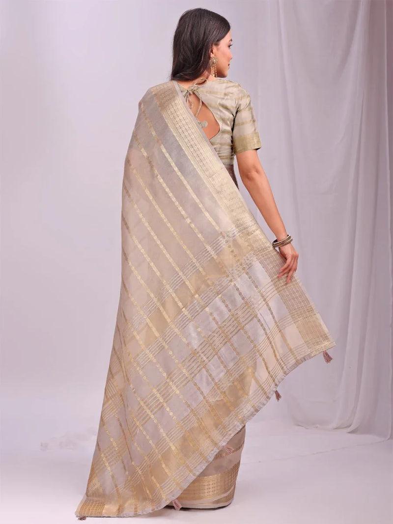 Cream PORTO Organza Saree with Blouse Piece - EZBER