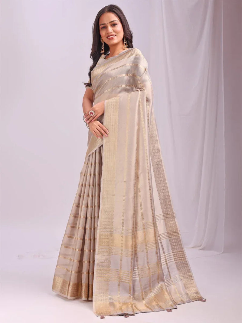 Cream PORTO Organza Saree with Blouse Piece - EZBER