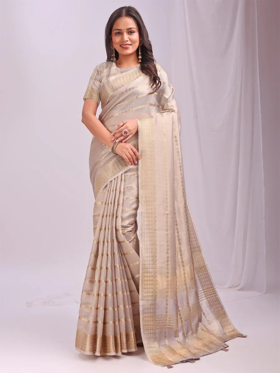 Cream PORTO Organza Saree with Blouse Piece - EZBER