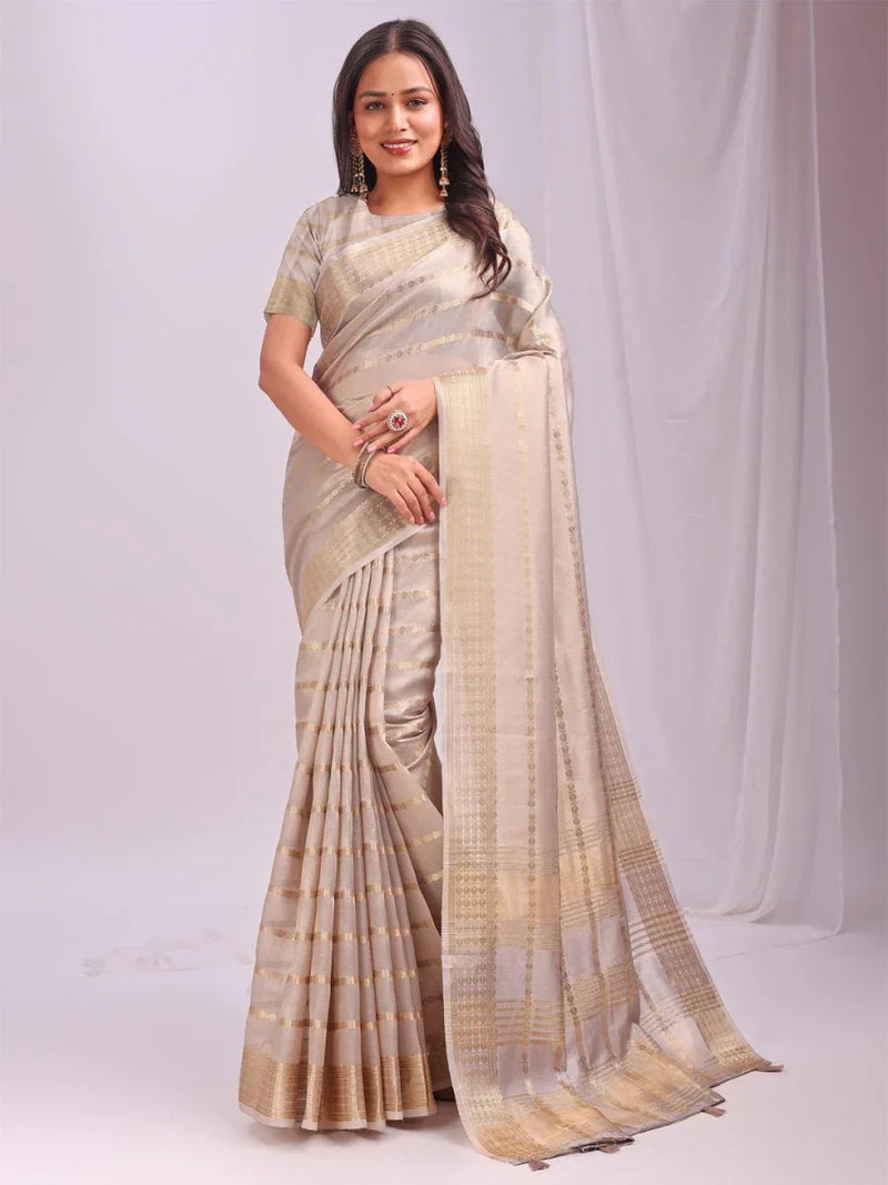Cream PORTO Organza Saree with Blouse Piece - EZBER