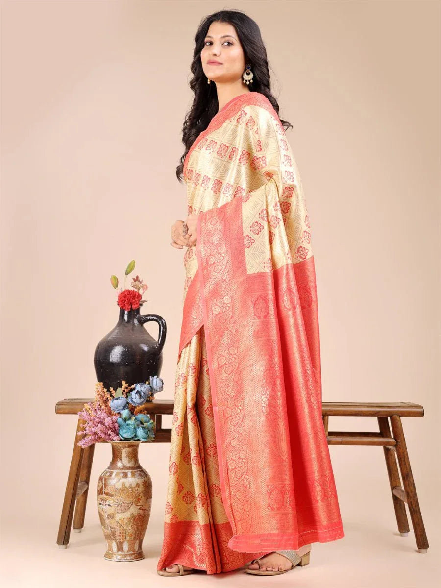 Cream & Red Banarasi Silk Saree With Blouse Piece - EZBER
