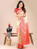 Cream & Red Banarasi Silk Saree With Blouse Piece - EZBER