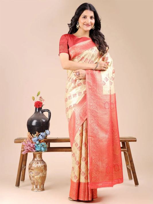 Cream & Red Banarasi Silk Saree With Blouse Piece - EZBER