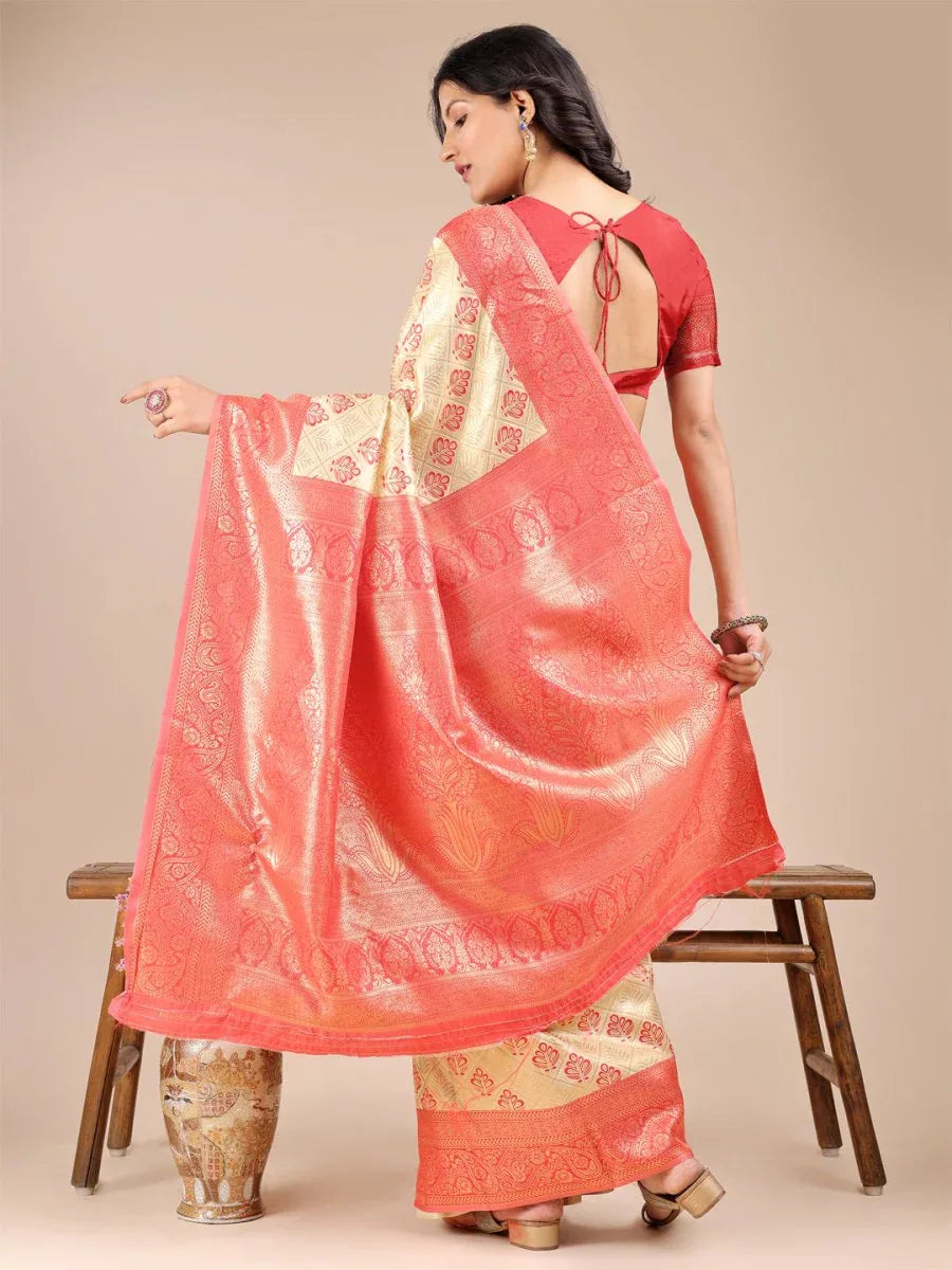 Cream & Red Banarasi Silk Saree With Blouse Piece - EZBER