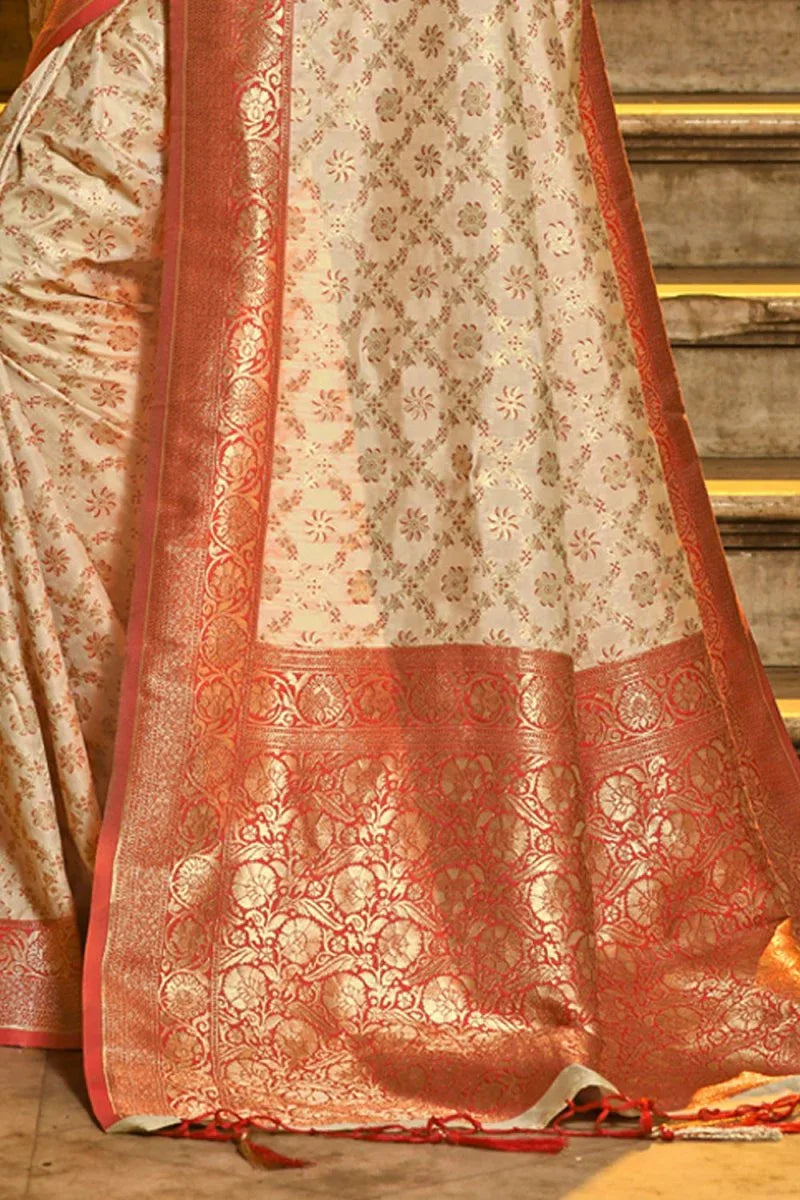 Cream & Red Banarasi Silk Saree With Blouse Piece - EZBER
