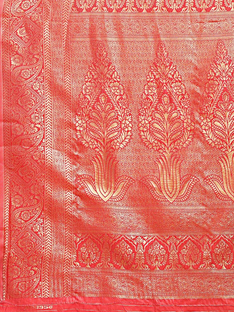 Cream & Red Banarasi Silk Saree With Blouse Piece - EZBER