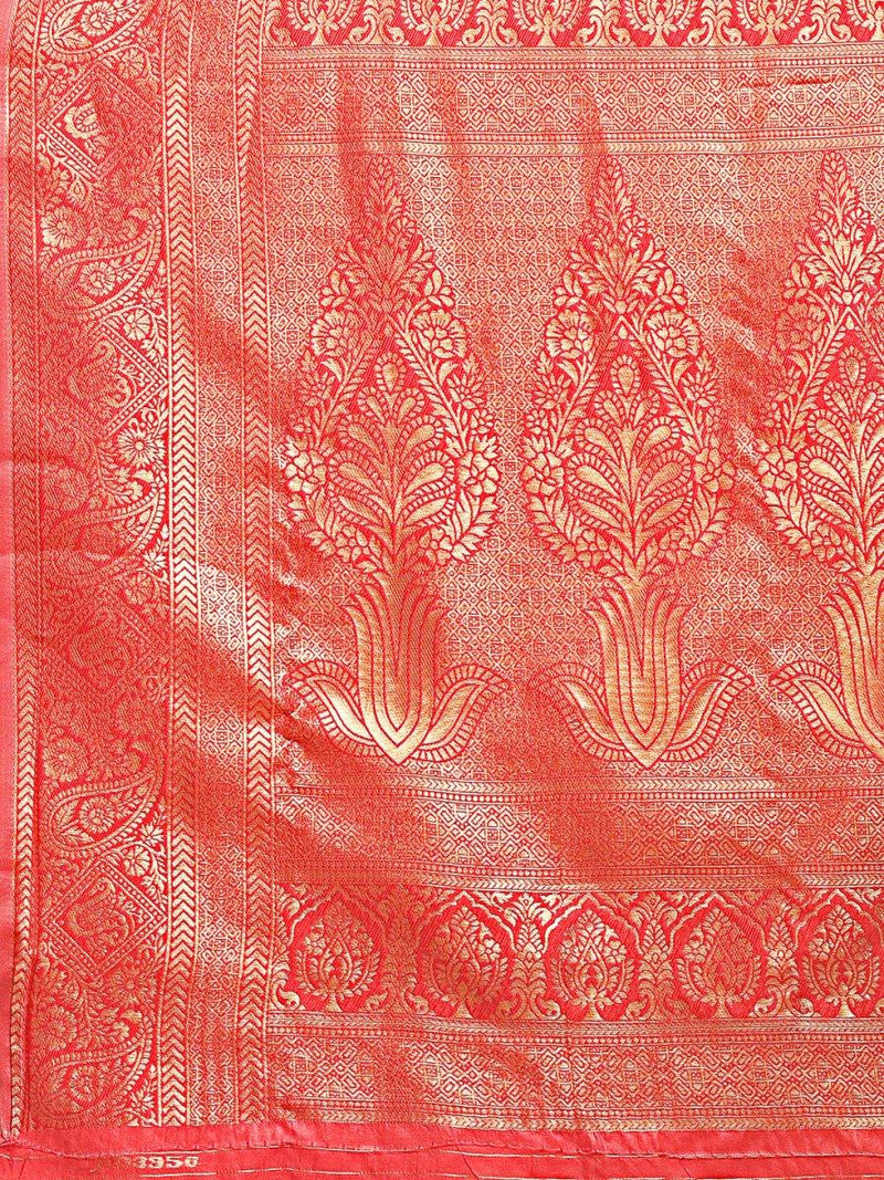 Cream & Red Banarasi Silk Saree With Blouse Piece - EZBER