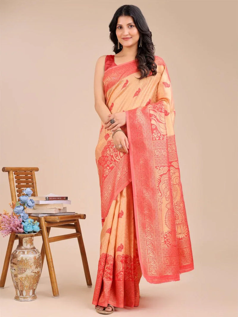 Cream & Red Banarasi Silk Saree With Blouse Piece - EZBER