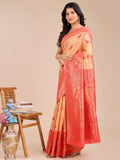 Cream & Red Banarasi Silk Saree With Blouse Piece - EZBER