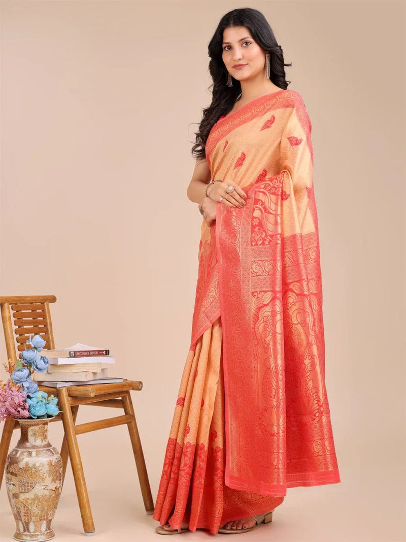 Cream & Red Banarasi Silk Saree With Blouse Piece - EZBER