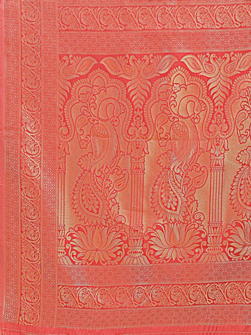 Cream & Red Banarasi Silk Saree With Blouse Piece - EZBER