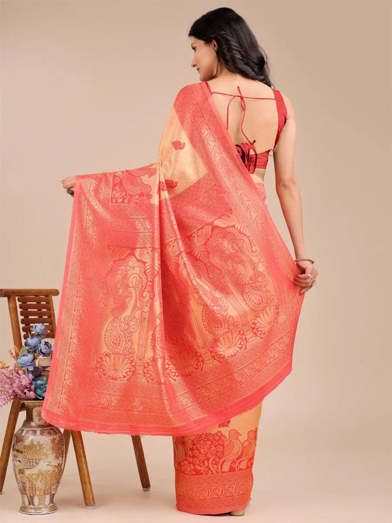 Cream & Red Banarasi Silk Saree With Blouse Piece - EZBER