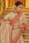 Cream & Red Banarasi Silk Saree With Blouse Piece - EZBER