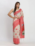 Cream & Red Linen Cotton Saree With Blouse Piece - EZBER