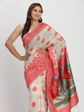 Cream & Red Linen Cotton Saree With Blouse Piece - EZBER