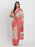 Cream & Red Linen Cotton Saree With Blouse Piece - EZBER