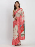 Cream & Red Linen Cotton Saree With Blouse Piece - EZBER