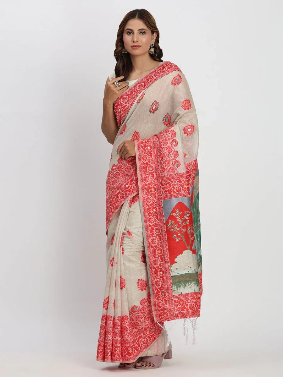 Cream & Red Linen Cotton Saree With Blouse Piece - EZBER