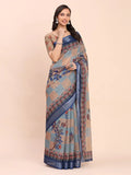 Cream SANSKRIT PRINTS Linen Cotton Saree with Blouse Piece - EZBER