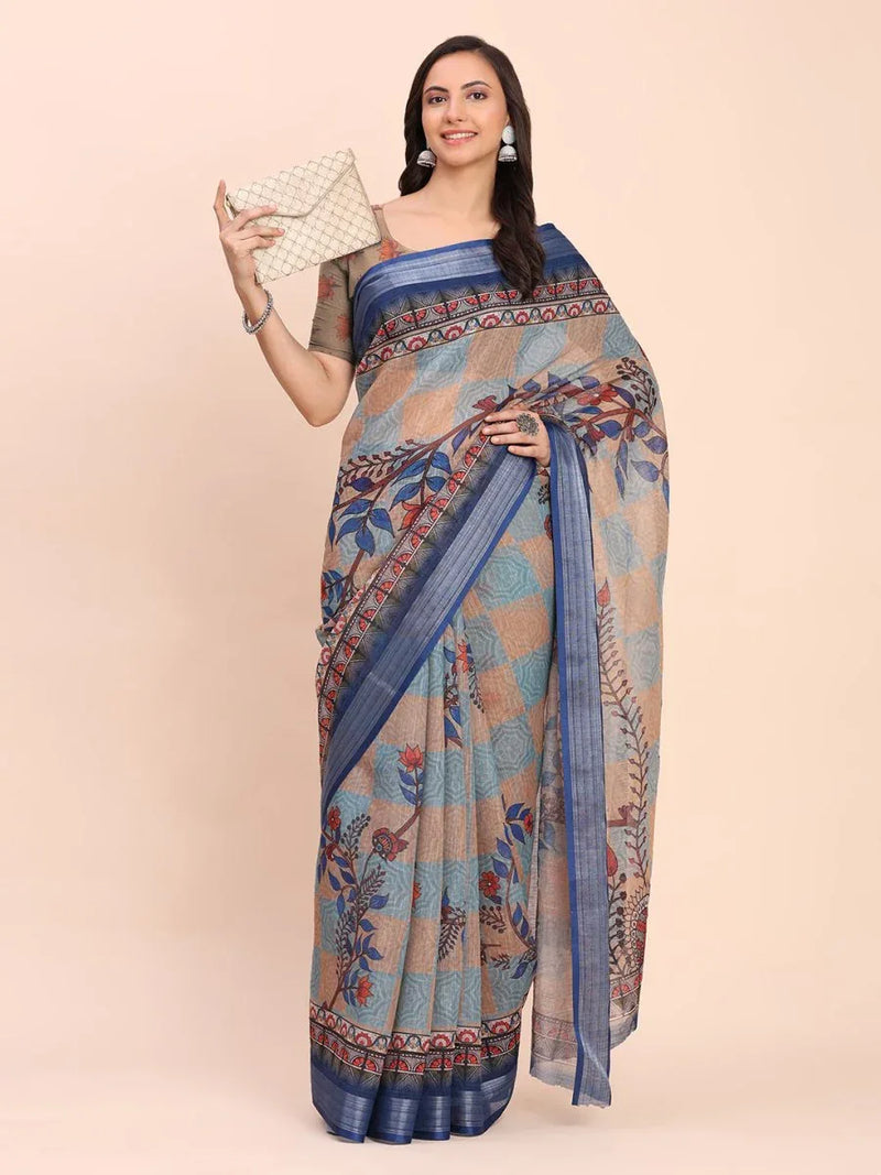 Cream SANSKRIT PRINTS Linen Cotton Saree with Blouse Piece - EZBER