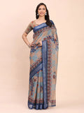 Cream SANSKRIT PRINTS Linen Cotton Saree with Blouse Piece - EZBER